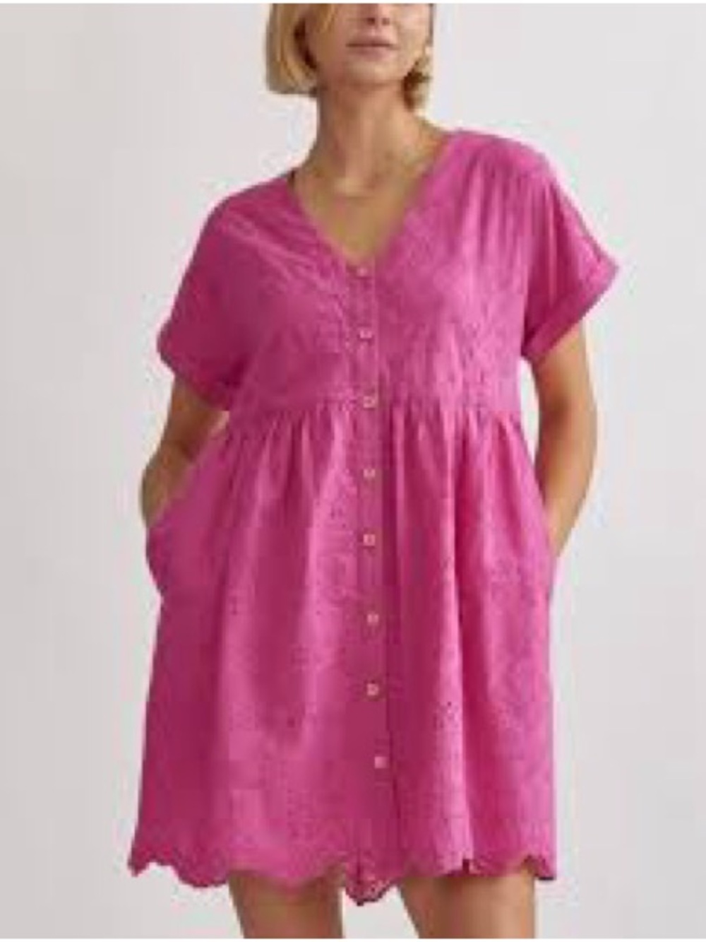 ENTRO Pink Eyelet Cotton Shirt Dress A Line Babydoll Short Sleeve S